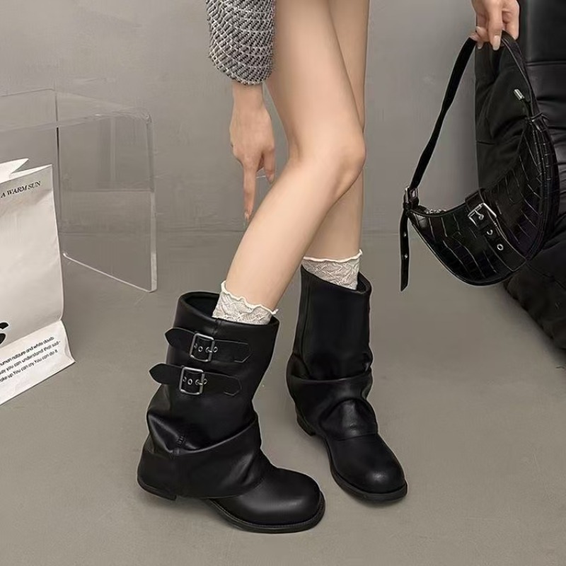 Boot Sock Slouchy - レディース ブラック スラウチー ミッドカーフブーツ ダブルバックル装飾 ローブロックヒール