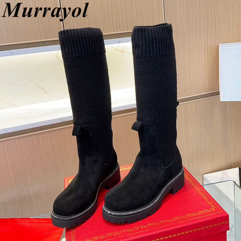 Knee High Sock Women - ニーハイブーツ 秋冬 スエード フラット 厚底 ソックスブーツ