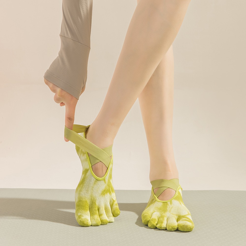 Toe Sock Split - 女性用タイダイ柄5本指グリップヨガソックス、ストラップ付きスプリットトゥピラティスソックス、通気性のあるコットン製滑り止めソックス（屋内スポーツ用）