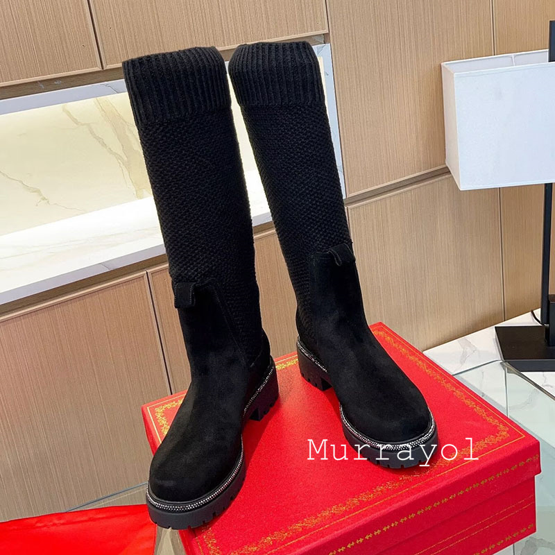 ニーハイブーツ 秋冬 スエード フラット 厚底 ソックスブー - Knee High Sock Women のレビューと価格